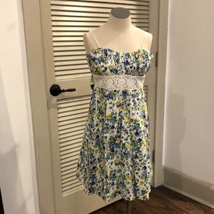 Sun Dress  floral. Ties in back. Never worn. Lined with peek a boo slip.